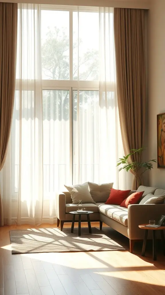 21 Inspiring Summer Room Ideas for a Fresh Look 8 A bright living room with sheer curtains letting in natural light, featuring a cozy sofa, a small table, and potted plants.