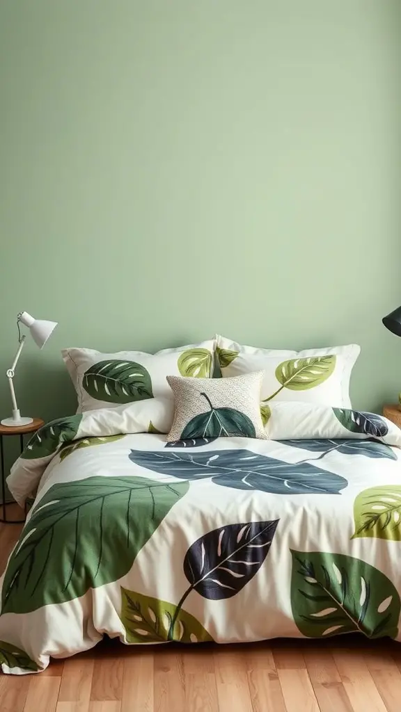 23 Inspiring Green Bedding Aesthetic Ideas for a Cozy Sleep Space 9 A cozy bedroom featuring leafy bedding with green leaves on a neutral background, complemented by a light green wall.