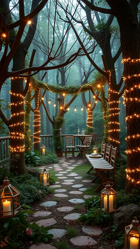 27 Creative Wedding Shower Theme Ideas You’ll Love 7 An enchanted forest wedding shower setup with string lights, stone pathway, and lanterns.