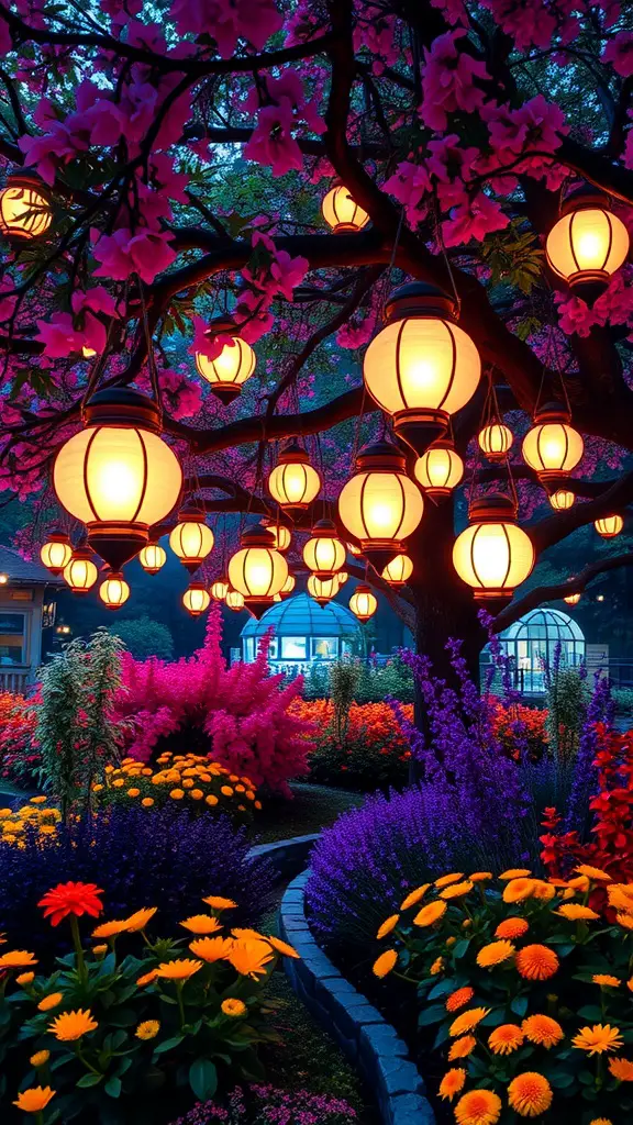 25 Enchanting Outdoor Fairy Garden Ideas to Inspire Your Creativity 4 A tree adorned with glowing lanterns surrounded by colorful flowers