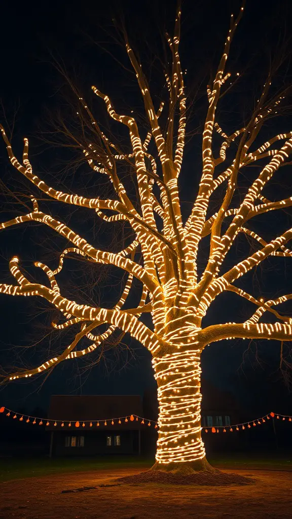 23 Inspiring Outdoor String Lighting Ideas for Your Space 13 A tall tree wrapped in warm yellow string lights at night, with lanterns hanging in the background.