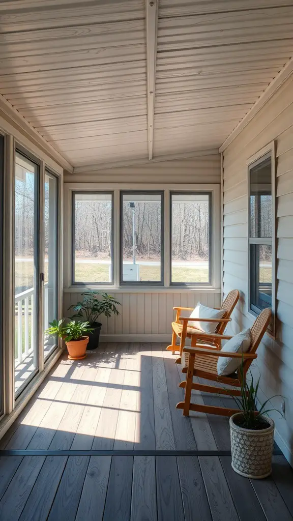 15 Creative Mobile Home Porch Ideas for a Cozy Outdoor Space 2 Enclosed porch with large windows, featuring wooden rocking chairs and potted plants.