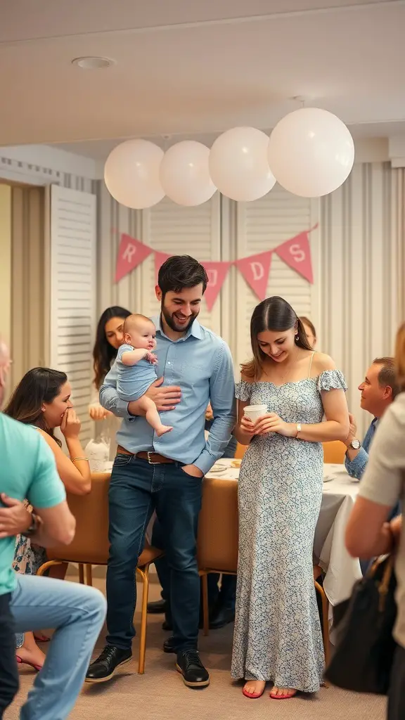 29 Creative Baby Shower Ideas for May Celebrations 16 A lively baby shower with guests enjoying various activities, including a couple holding a baby and sharing smiles.