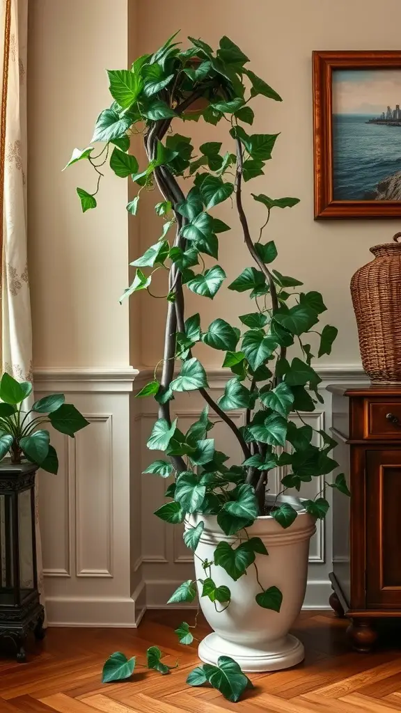 19 Creative Indoor Hanging Plant Ideas for a Lush Home Decor 17 An indoor English Ivy plant in a white pot, showcasing its green leaves and elegant vines.