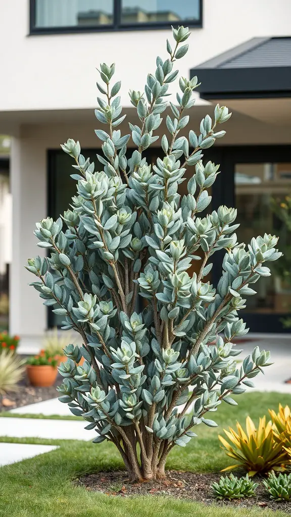 Eucalyptus shrub with silvery-green leaves in front of a modern house.