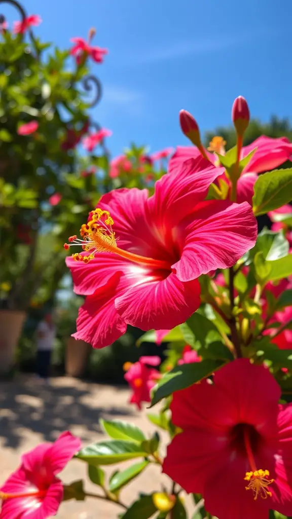 21 Stunning Full Sun Plants for Your Garden 13 Close-up of bright pink hibiscus flowers with a blue sky in the background.
