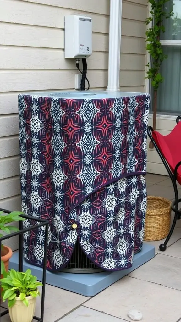 15 Creative Outdoor Ideas for AC Unit Covers 11 Outdoor air conditioning unit covered with a colorful patterned fabric