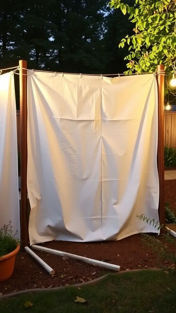 15 Affordable Fence Ideas for Your Backyard 13 A white fabric privacy fence set up between wooden posts in a backyard.