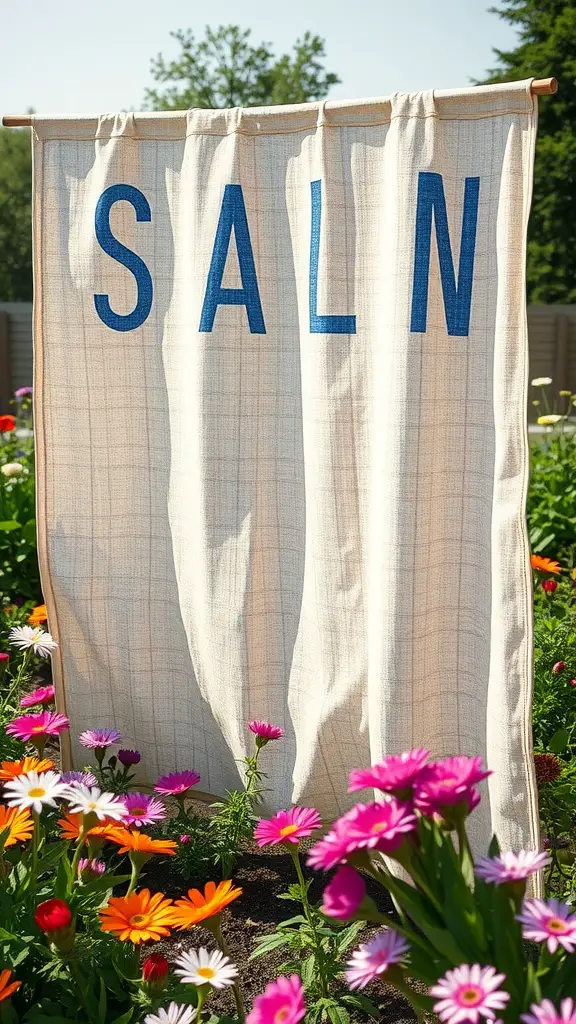 17 Creative DIY Garden Fence Ideas to Enhance Your Outdoor Space 16 A fabric screen garden divider with the word 'SALN' in blue letters, surrounded by colorful flowers