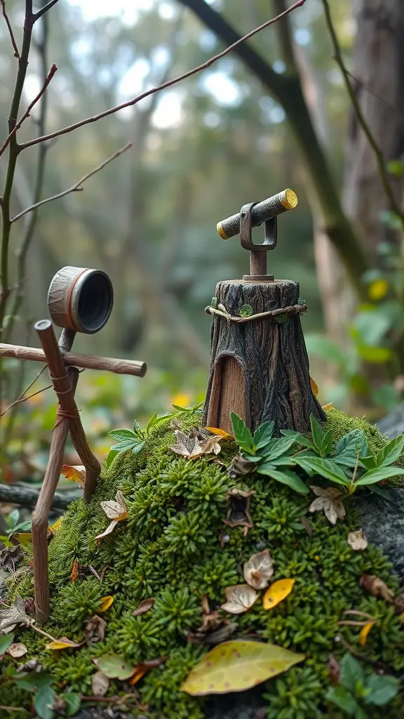 25 Enchanting Outdoor Fairy Garden Ideas to Inspire Your Creativity 13 A whimsical fairy garden observatory with a telescope made from wood, surrounded by moss and leaves.