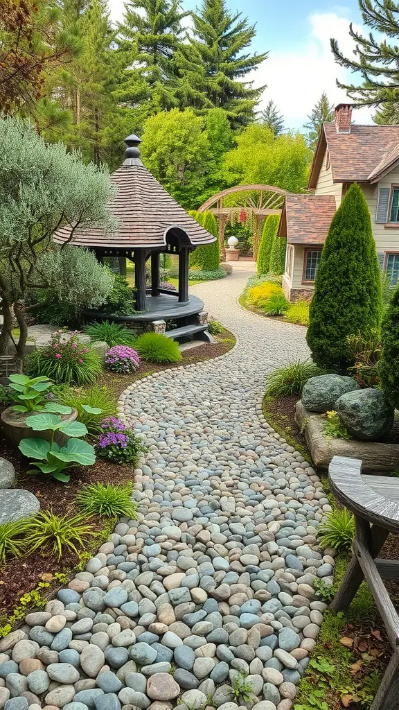25 Enchanting Outdoor Fairy Garden Ideas to Inspire Your Creativity 9 A charming pebble pathway in a garden, lined with flowers and plants, leading to a gazebo.