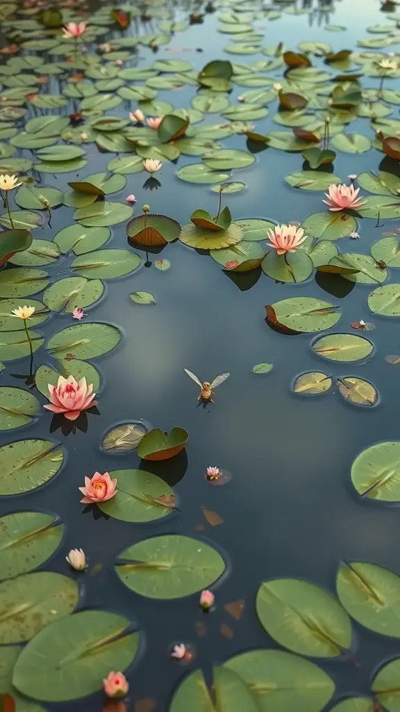 25 Enchanting Outdoor Fairy Garden Ideas to Inspire Your Creativity 12 A serene pond filled with pink and white water lilies, surrounded by lily pads.