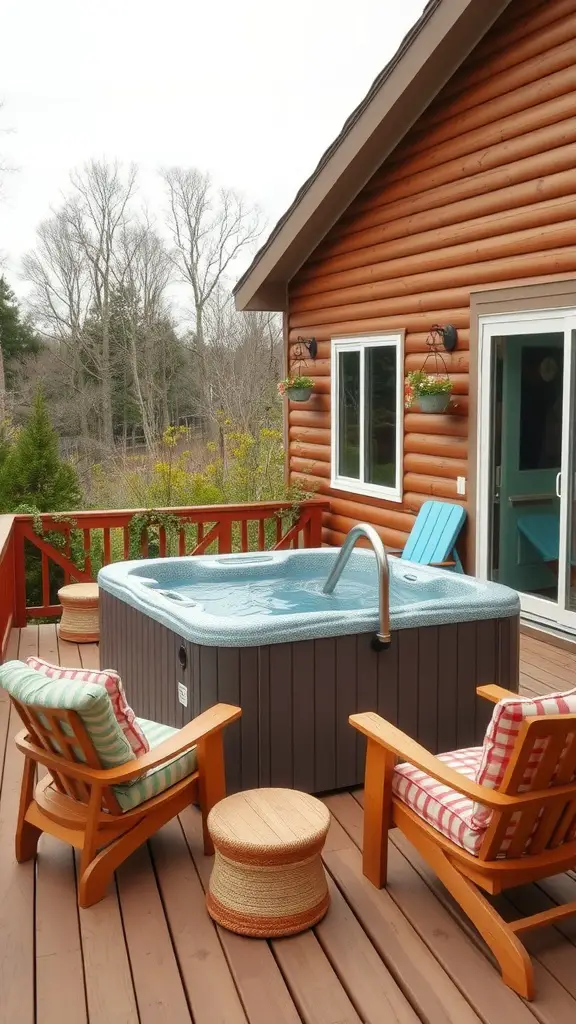 A family-friendly deck featuring a hot tub surrounded by seating and plants.
