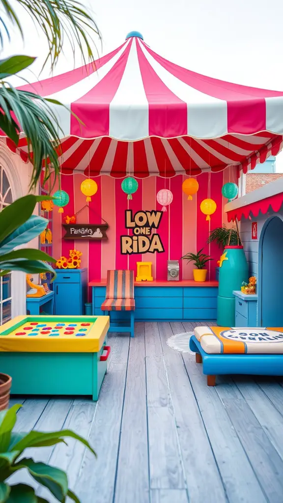 15 Stunning Pool Cabana Ideas for Ultimate Relaxation 4 Colorful pool cabana with striped canopy, game table, and lounge seating