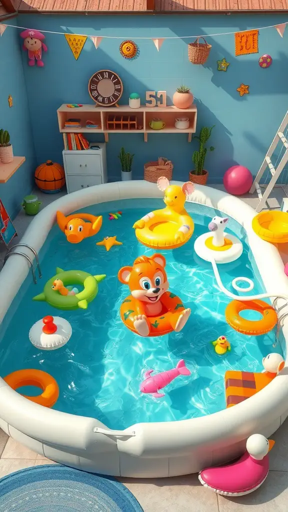13 Creative Stock Tank Pool Ideas for Your Backyard 8 A colorful stock tank pool with inflatable toys, including a bear floatie, surrounded by cheerful decorations.