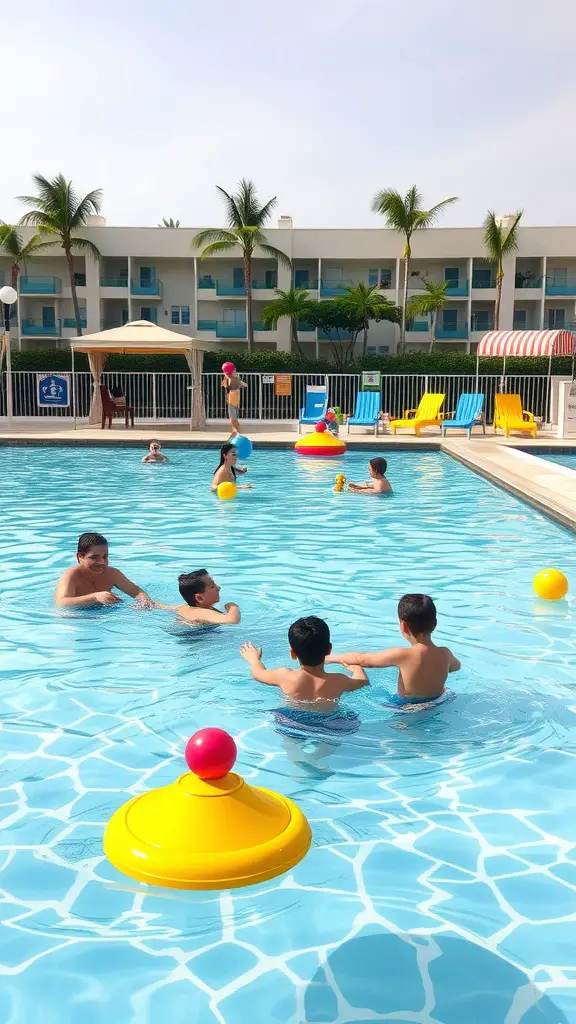 21 Creative Pool Patio Ideas to Elevate Your Outdoor Space 12 Kids playing in a pool with colorful floats, enjoying family-friendly activities.