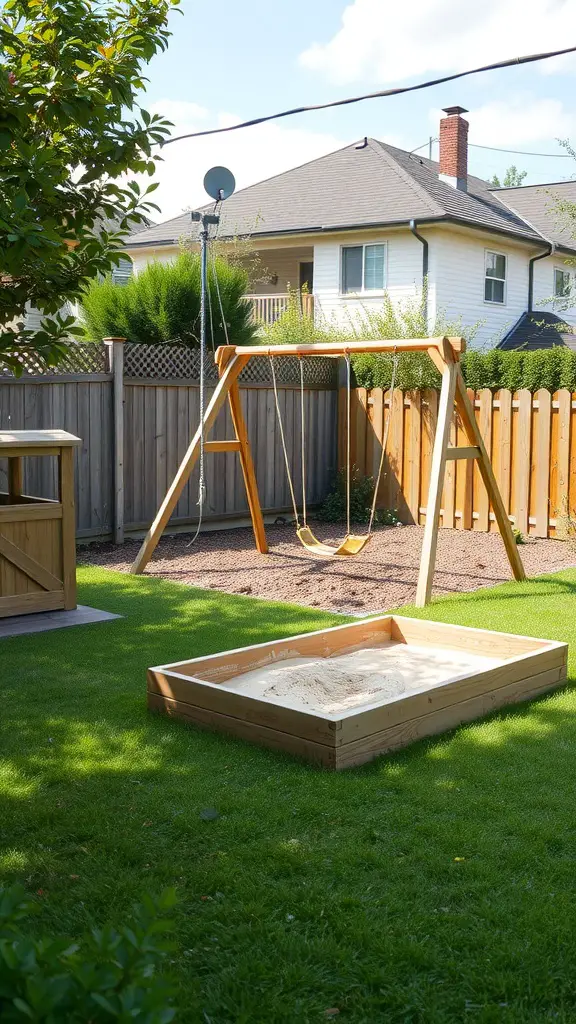 23 Inspiring Backyard Layout Ideas for Your Outdoor Oasis 4 A backyard featuring a swing set and a sandbox on green grass.