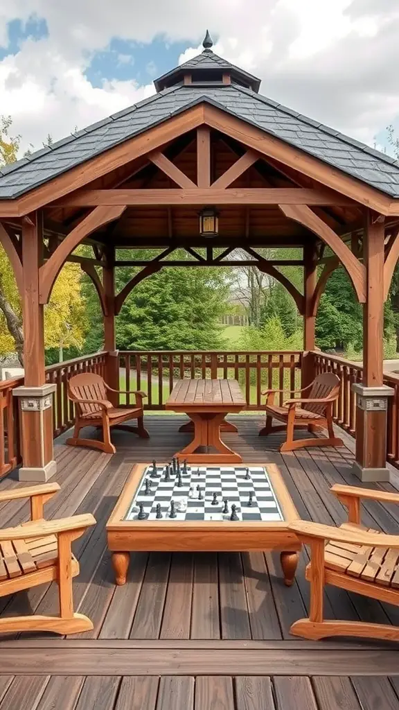 17 Stunning Gazebo Deck Ideas for Your Outdoor Oasis 16 A wooden gazebo with a chess table and seating, surrounded by greenery.