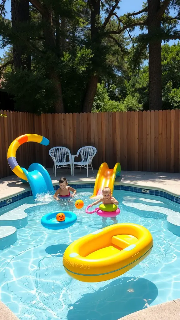 15 Inspiring Outdoor Jacuzzi Ideas for Your Backyard Retreat 7 Children playing in a pool with water slides and colorful floats.