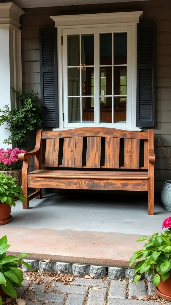 25 Charming Front Porch Furniture Ideas for a Cozy Outdoor Space 9 A rustic wooden bench on a front porch, surrounded by plants and a window.