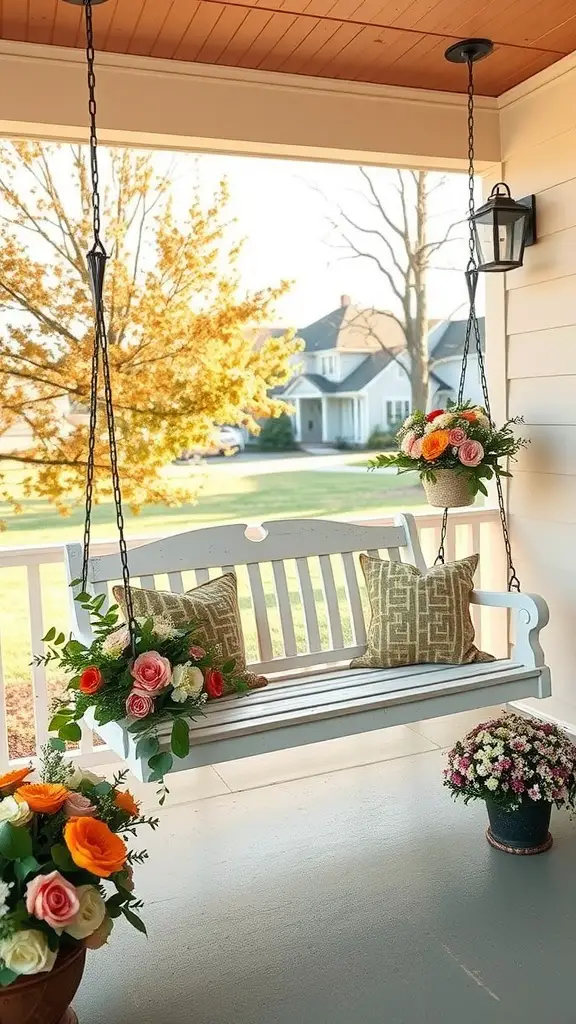 21 Creative Front Porch Bench Ideas for a Warm Welcome 9 A cozy farmhouse-style swing bench on a porch, adorned with pillows and hanging flower baskets.