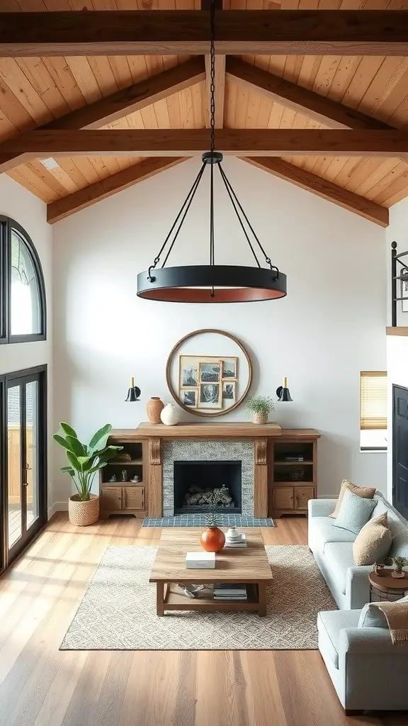 19 Stunning Modern Farmhouse Lighting Ideas to Illuminate Your Space 2 A modern farmhouse living room featuring a large circular chandelier, wooden beams, and cozy furnishings.