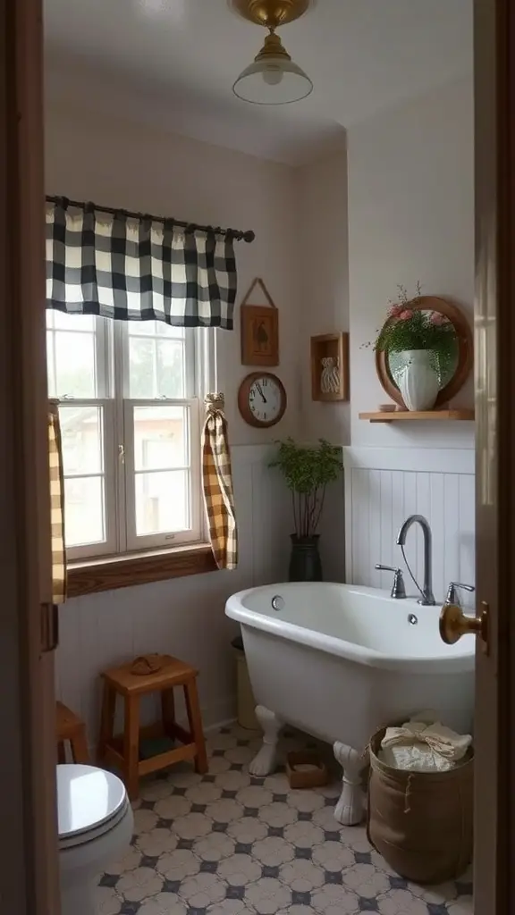 17 Charming Cafe Curtain Ideas for Your Bathroom Style 8 A bathroom featuring black and white checkered cafe curtains, vintage bathtub, and wooden accents.