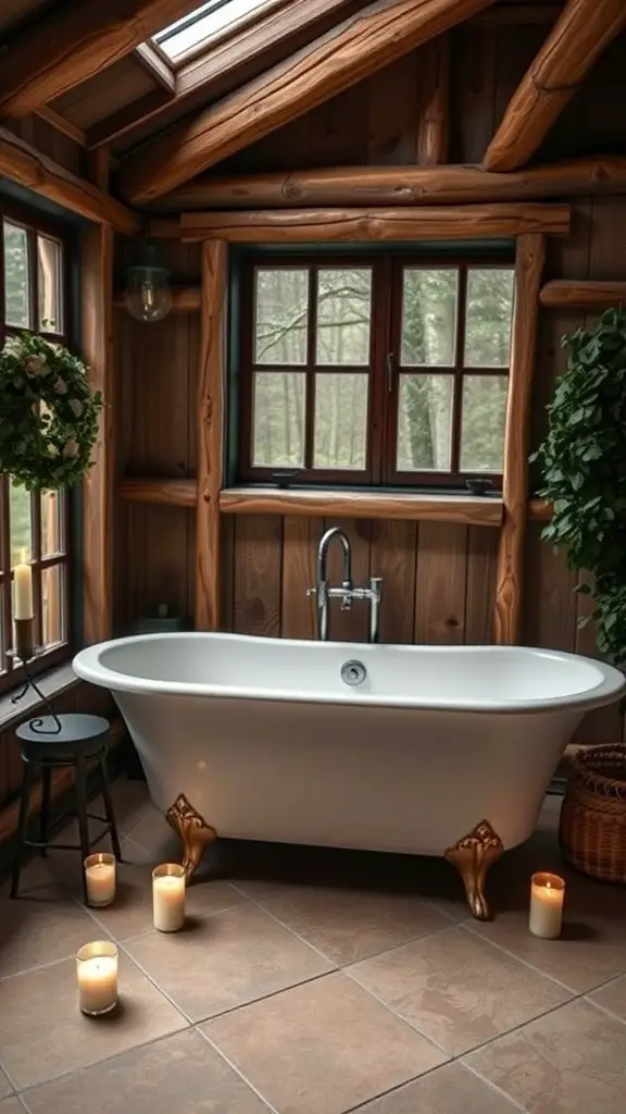 25 Charming Cottage Style Bathroom Ideas to Inspire Your Next Renovation 9 A cozy farmhouse style bathroom featuring a white bathtub with golden feet, surrounded by wooden walls and natural light.