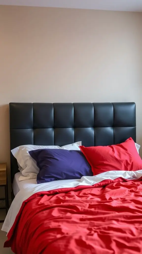 17 Creative Dorm Headboard Ideas to Transform Your Space 4 Faux leather headboard in a dorm room with red and purple pillows on the bed.