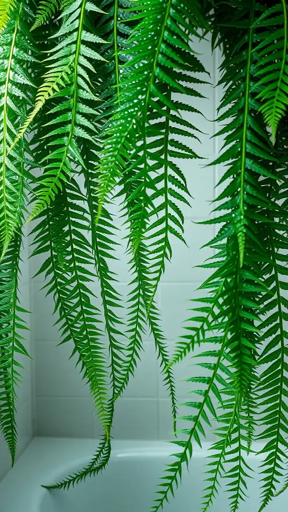 27 Shower Plants Ideas to Transform Your Bathroom into a Green Oasis 10 Lush green fern fronds hanging in a bathroom setting