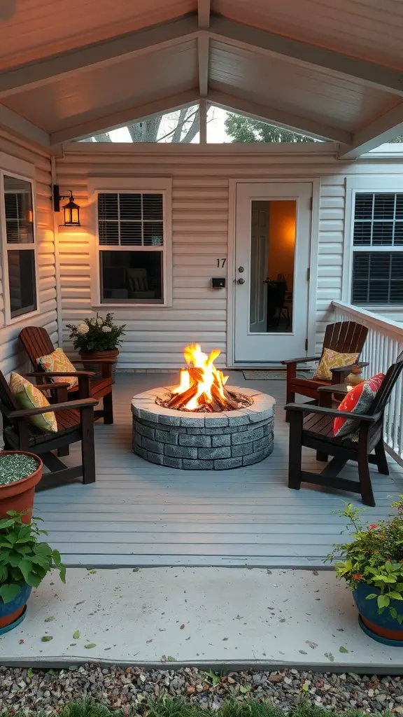 15 Creative Mobile Home Porch Ideas for a Cozy Outdoor Space 17 Cozy fire pit corner on a mobile home porch with chairs and plants.