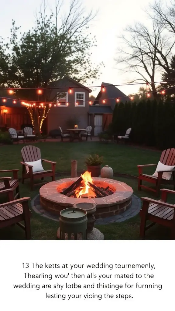 23 Charming Small Backyard Wedding Ideas for Your Dream Celebration 13 A cozy backyard with a fire pit surrounded by Adirondack chairs and string lights overhead.