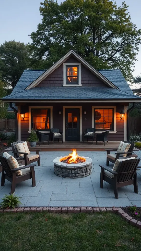 29 Gorgeous Garden Summer House Ideas to Enhance Your Outdoor Space 13 A cozy fire pit gathering area with chairs around a circular stone fire pit, set in front of a charming summer house.