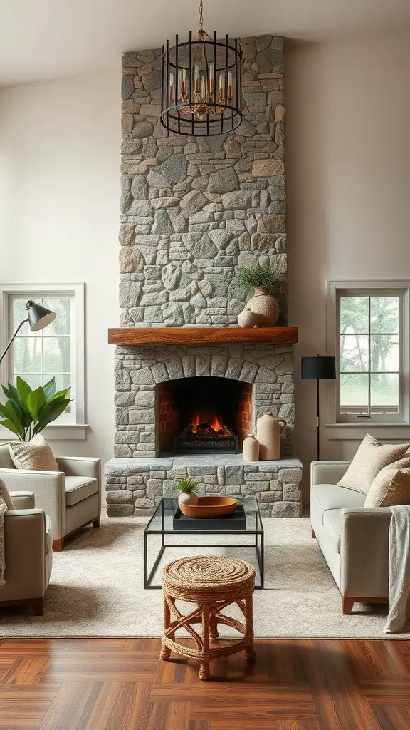 21 Cozy Living Room Ideas to Transform Your Space 9 Cozy living room featuring a stone fireplace with wooden mantel, two chairs, and a stylish coffee table.