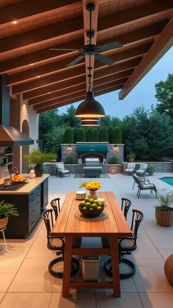 29 Inspiring Summer Kitchen Ideas to Refresh Your Space 14 An outdoor kitchen with a wooden dining table surrounded by chairs, a grill, and a pool in the background.