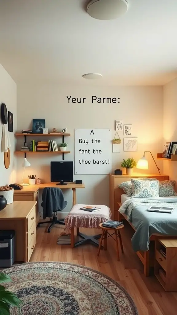 19 Creative Dorm Layout Ideas to Maximize Your Space 10 Cozy dorm room with a desk, computer, and a bed, decorated with plants and artwork.