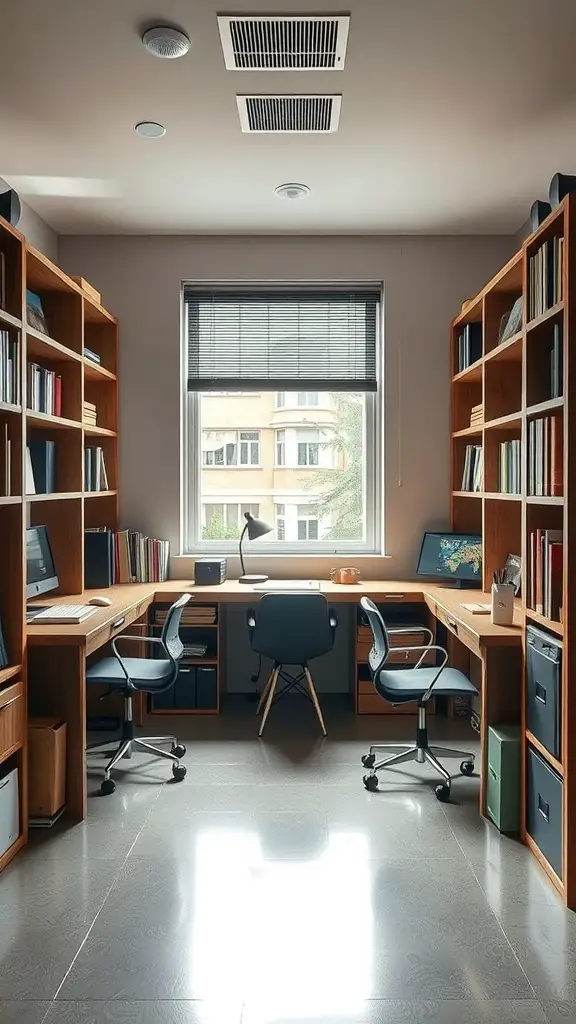 23 Creative Triple Dorm Room Ideas to Maximize Space and Style 10 A modern triple dorm room study area with two desks and bookshelves, promoting collaboration and productivity.