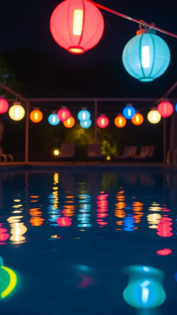 19 Creative Backyard Lighting Ideas to Brighten Your Outdoor Space 11 Colorful floating pool lights illuminating a backyard pool at night