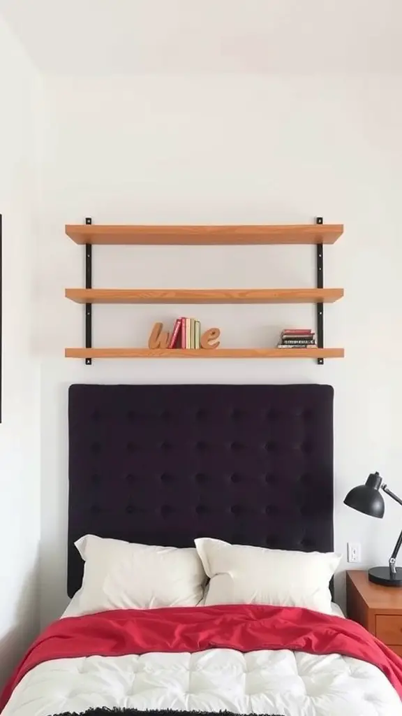 17 Creative Dorm Headboard Ideas to Transform Your Space 6 A bed with a dark purple tufted headboard and floating wooden shelves above, displaying books and decor items.