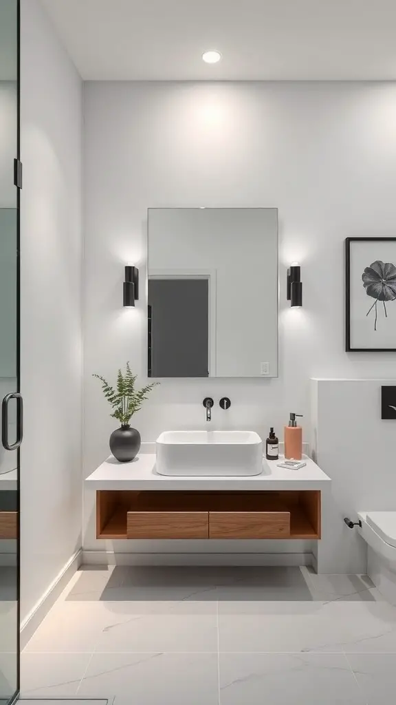 21 Timeless Bathroom Ideas to Transform Your Space 9 A modern bathroom with a floating vanity, bowl sink, and stylish lighting.
