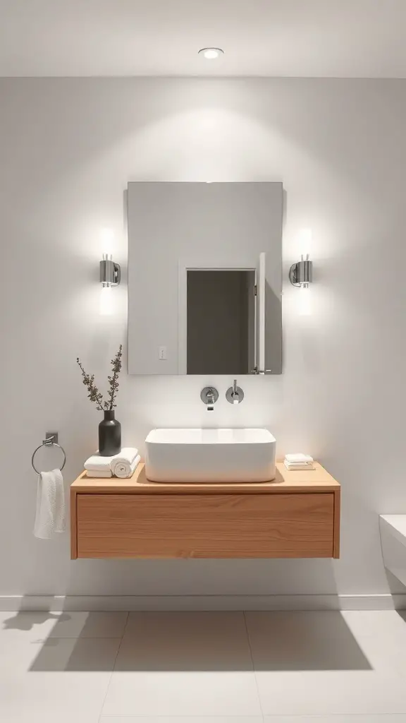 29 Funky Bathroom Ideas to Transform Your Space 5 A contemporary floating vanity in a bathroom with a white vessel sink and wooden finish