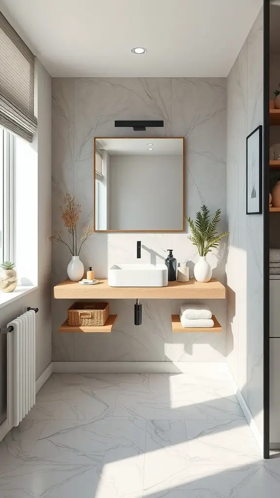 27 Clever Tiny Bathroom Ideas for Maximum Style and Functionality 8 A modern bathroom featuring a floating vanity with a sink, minimal decor, and natural light.