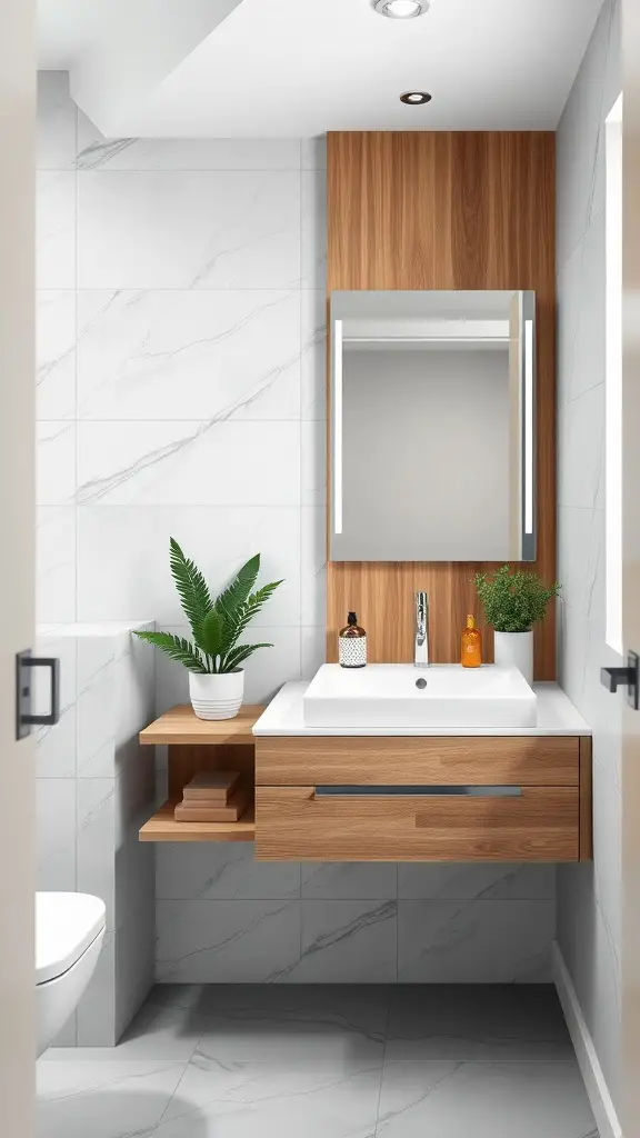 19 Stylish Small Main Bathroom Ideas to Maximize Space 2 A modern small bathroom featuring a floating vanity with a wooden finish, a mirror, and decorative plants.