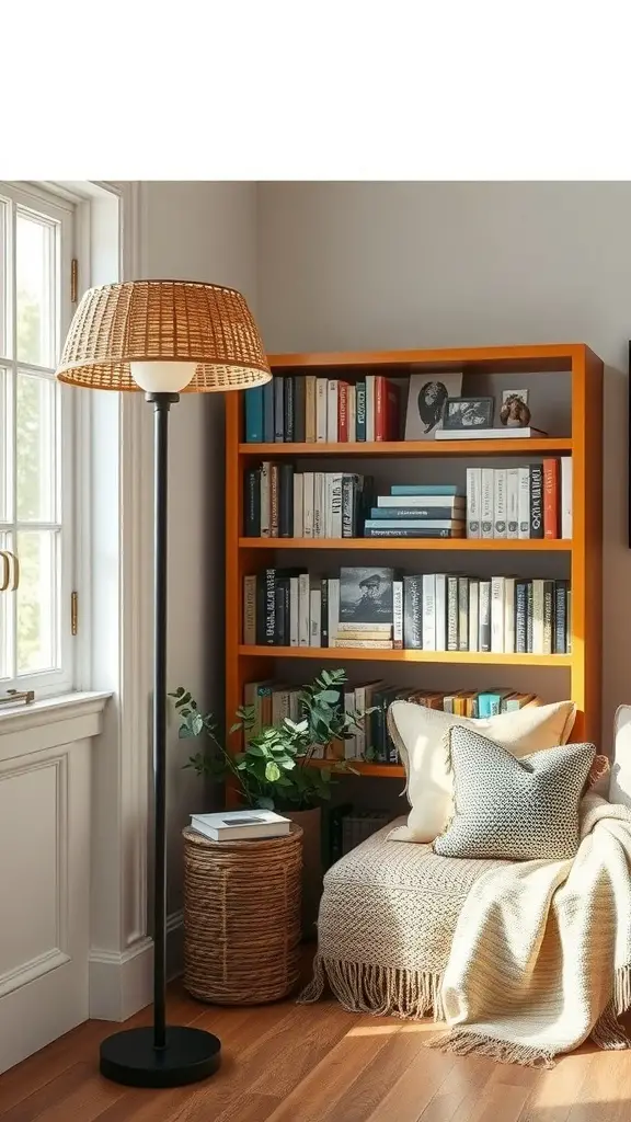 19 Stunning Modern Farmhouse Lighting Ideas to Illuminate Your Space 10 A cozy living room with a woven floor lamp, a black base, and an orange bookshelf filled with books.