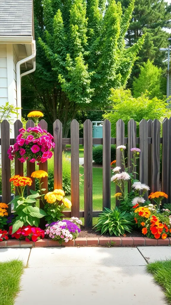 Colorful flowers along a wooden fence in a front yard