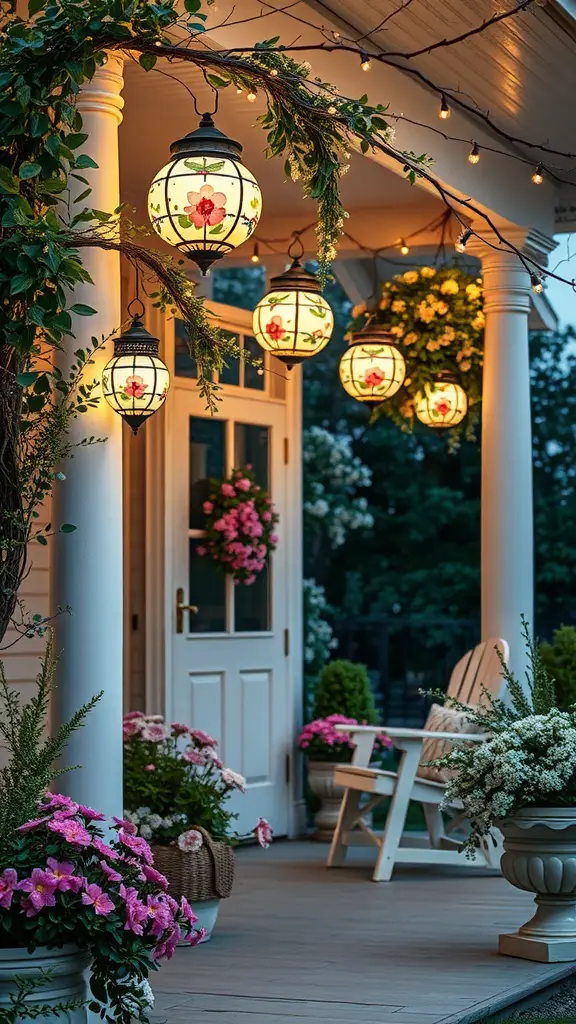 21 Creative Porch Light Ideas to Beautify Your Entryway 17 Porch with floral motif lights, hanging greenery, and colorful flower pots