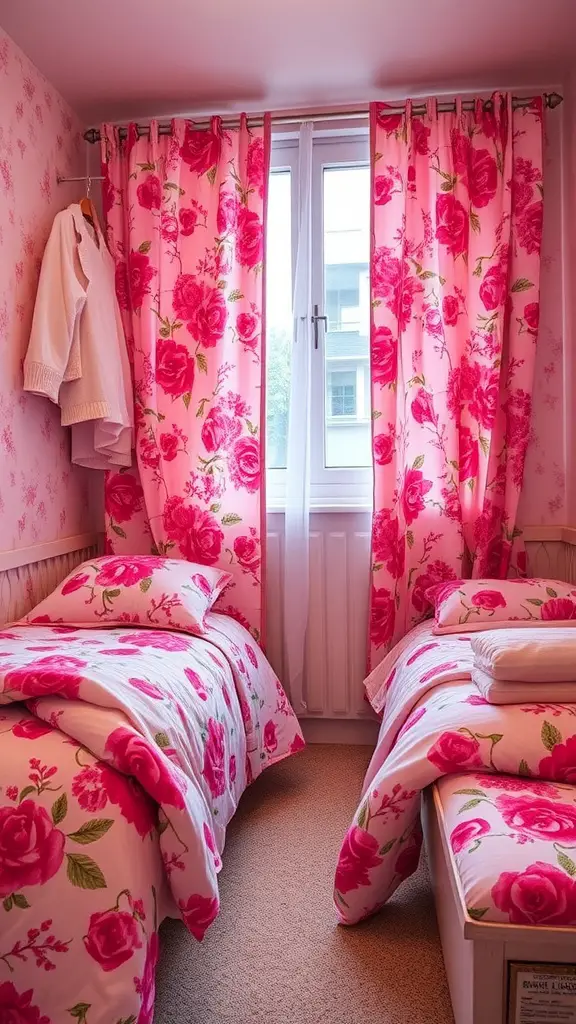 19 Dreamy Pink Dorm Room Ideas to Inspire Your Space 8 A bright pink dorm room featuring floral patterns on bedding and curtains, creating a cheerful atmosphere.
