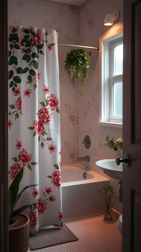 25 Charming Cottage Style Bathroom Ideas to Inspire Your Next Renovation 8 A cozy bathroom featuring a floral shower curtain with roses, a hanging plant, and soft lighting.