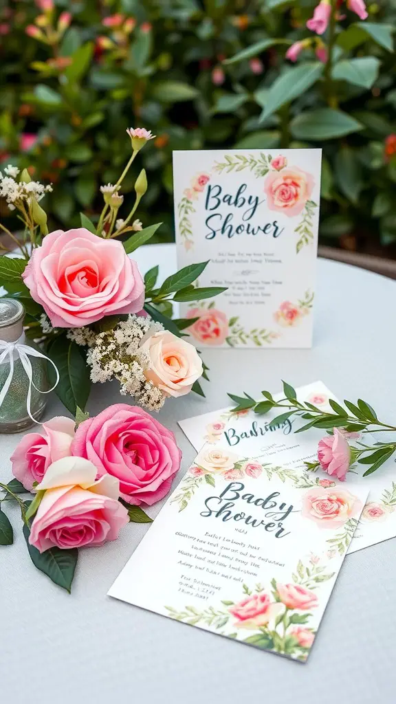 23 Adorable Garden Baby Shower Ideas You Need to Try 2 Floral themed baby shower invitations with roses and greenery on a table.