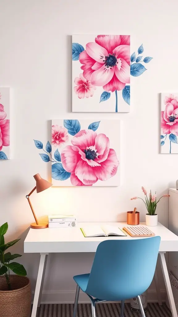 19 Stylish Pink and Blue Dorm Room Ideas to Elevate Your Space 6 Floral wall art featuring pink flowers and blue leaves on a white wall in a cozy dorm room setting.